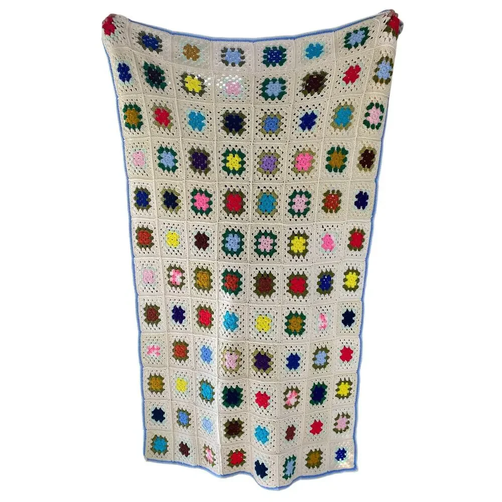 Handmade Crochet Granny Square Afghan Throw Blanket Ivory Background Colorful